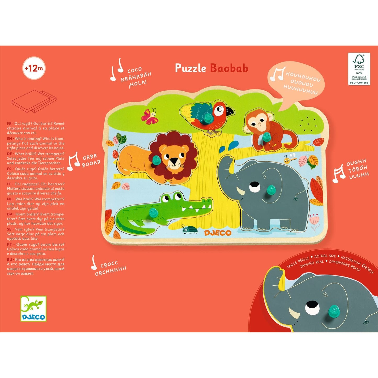 DJECO Puzzles y encajes Puzzle Madera Botones y Sonido Baobab DJ01708