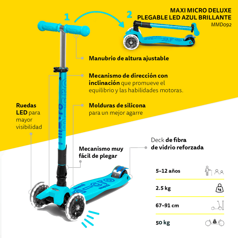 Micro Scooter Scooter Maxi Deluxe Led Plegable Aqua - Micro MMD092