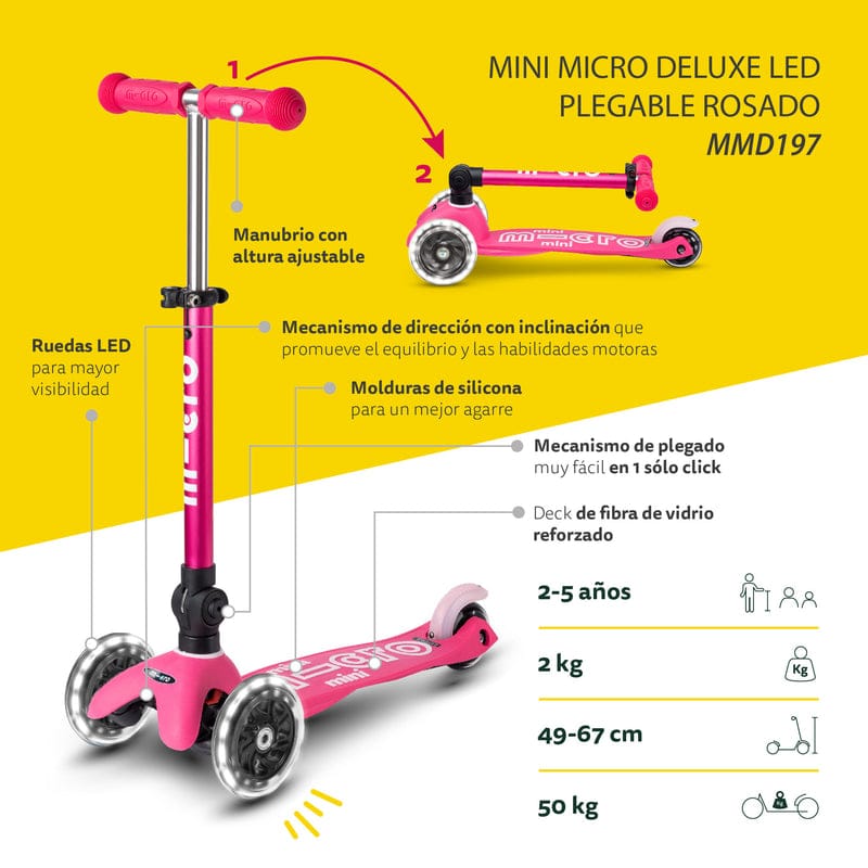 Micro Scooter Scooter Mini Deluxe Led Plegable Rosado - Micro MMD197