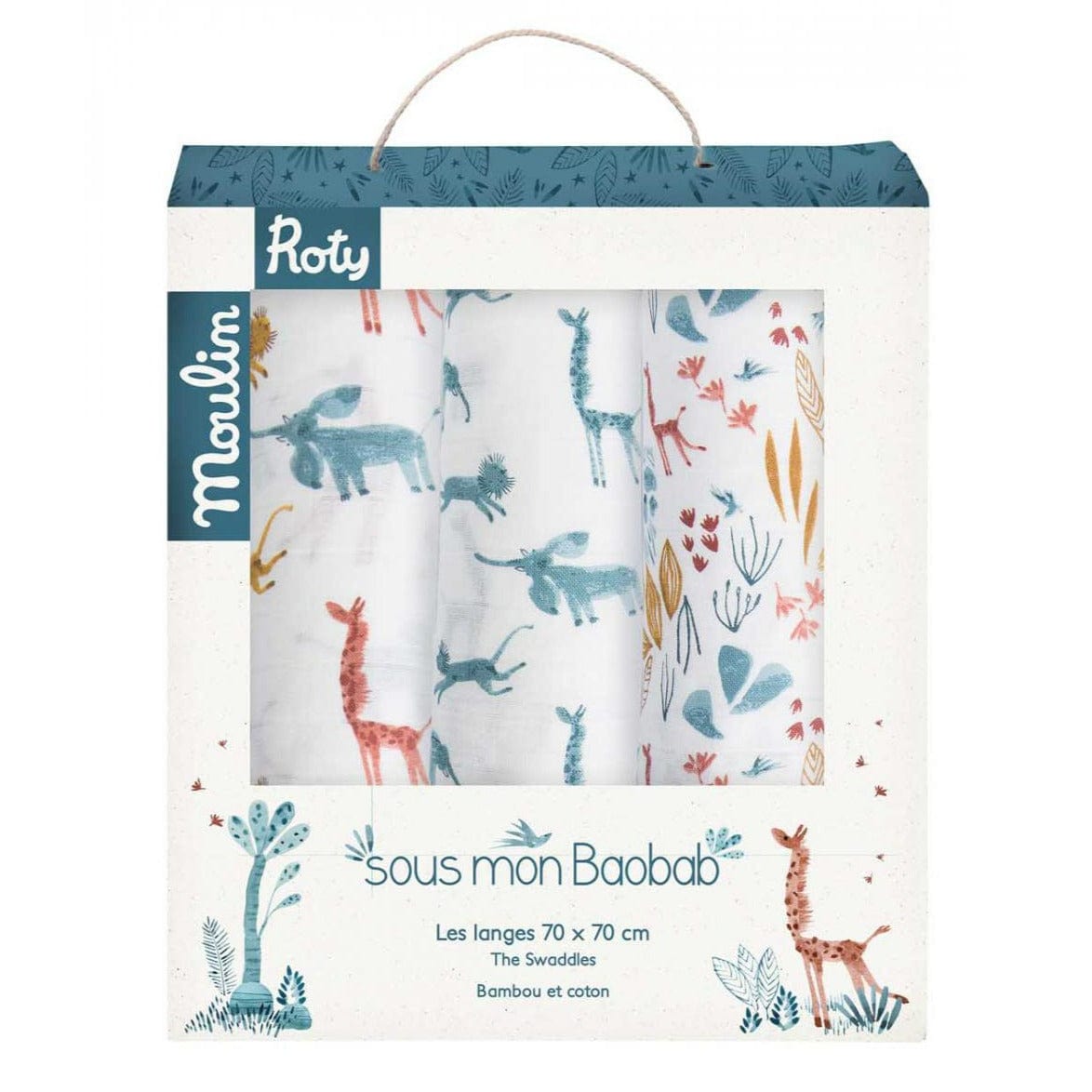 MOULIN ROTY Accesorios bebé Juego de 3 muselinas  jirafa animales Baobab 669275