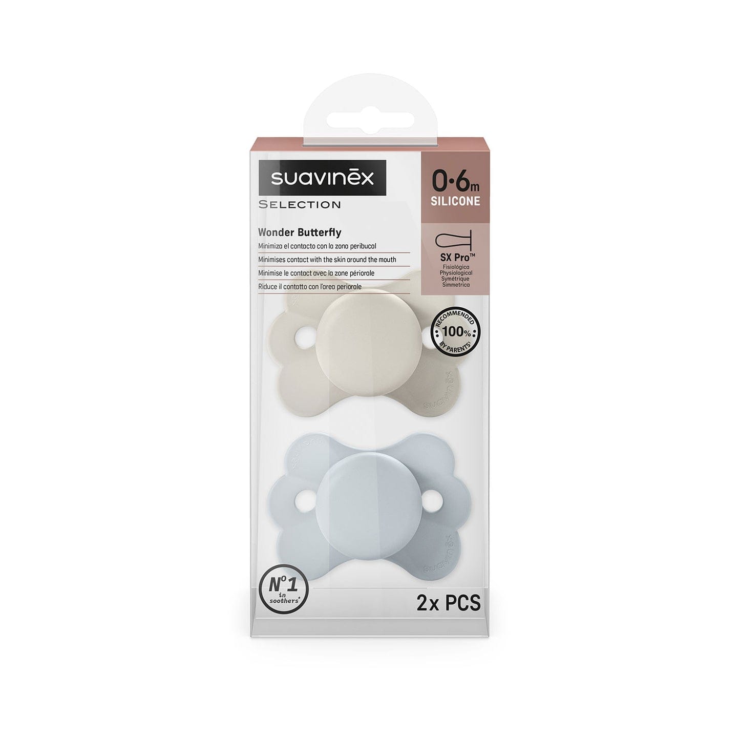 Suavinex Chupete Chupete X2 fisiológico Sx Pro silicona 0 - 6 meses Talla 1 Butterfly beige y azul - Suavinex 309002