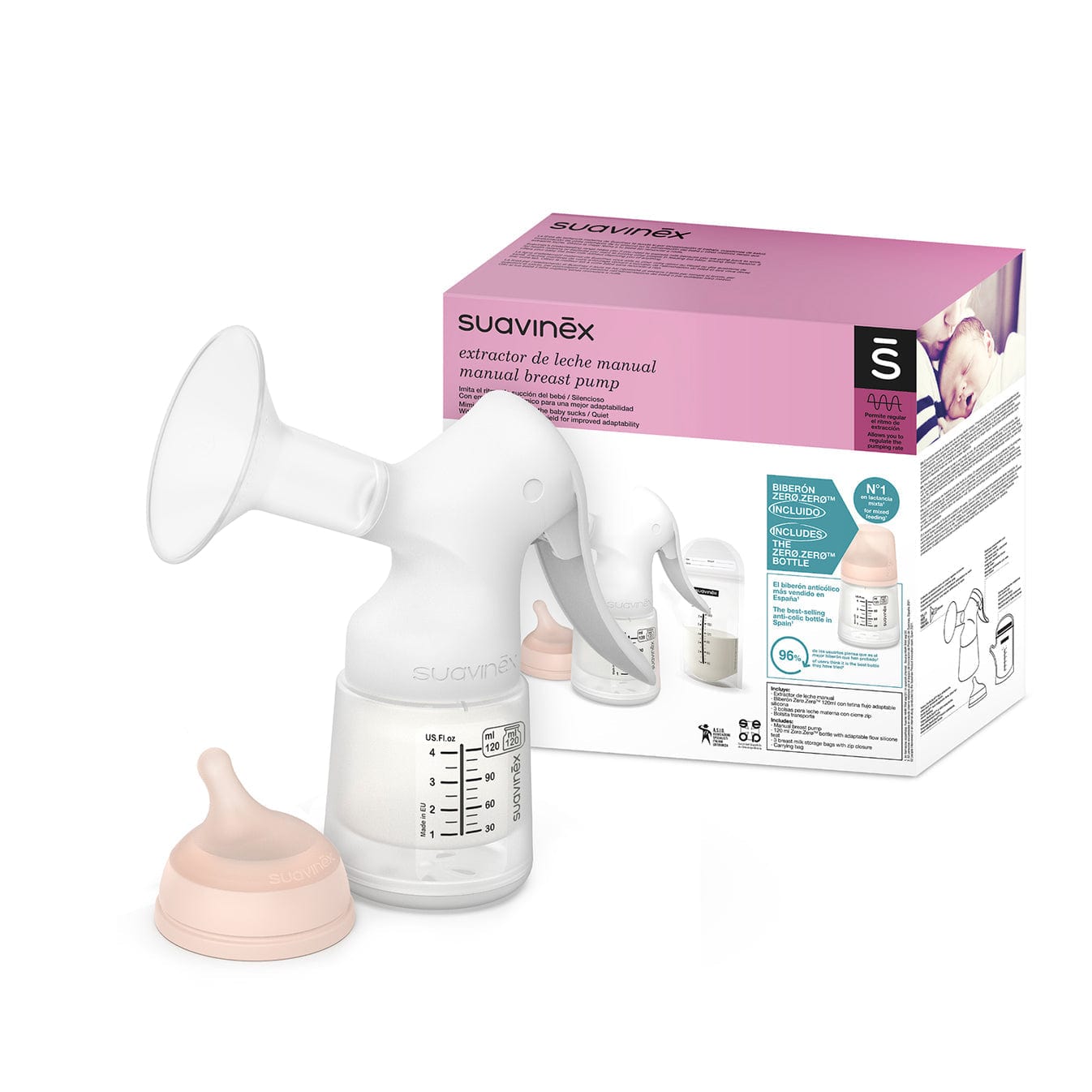 Suavinex Lactancia Materna Extractor de leche manual con mamadera Zero Zero- Suavenix 302466