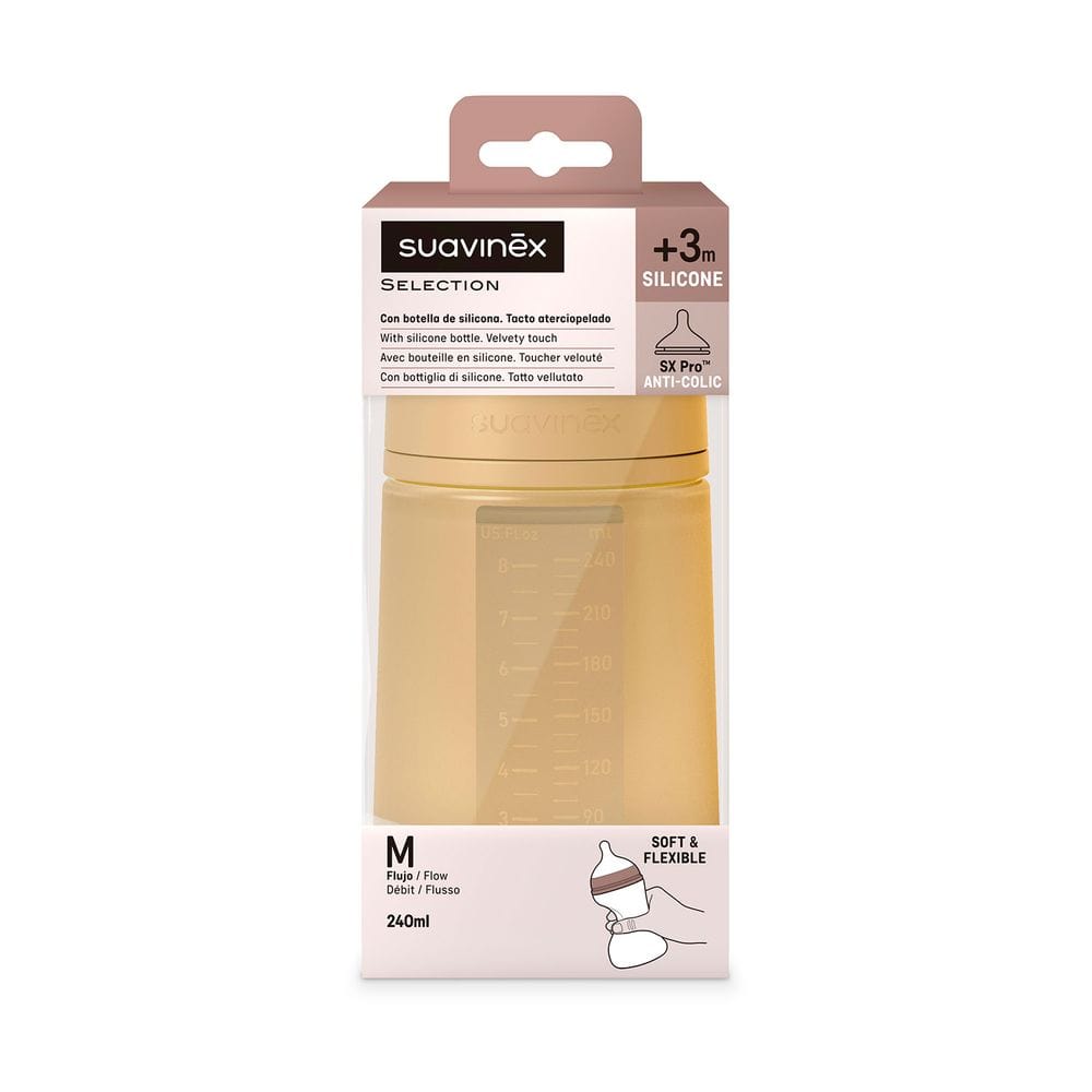 Suavinex Mamadera Mamadera de silicona Anticólico 240 ML Flujo medio Mostaza 308069
