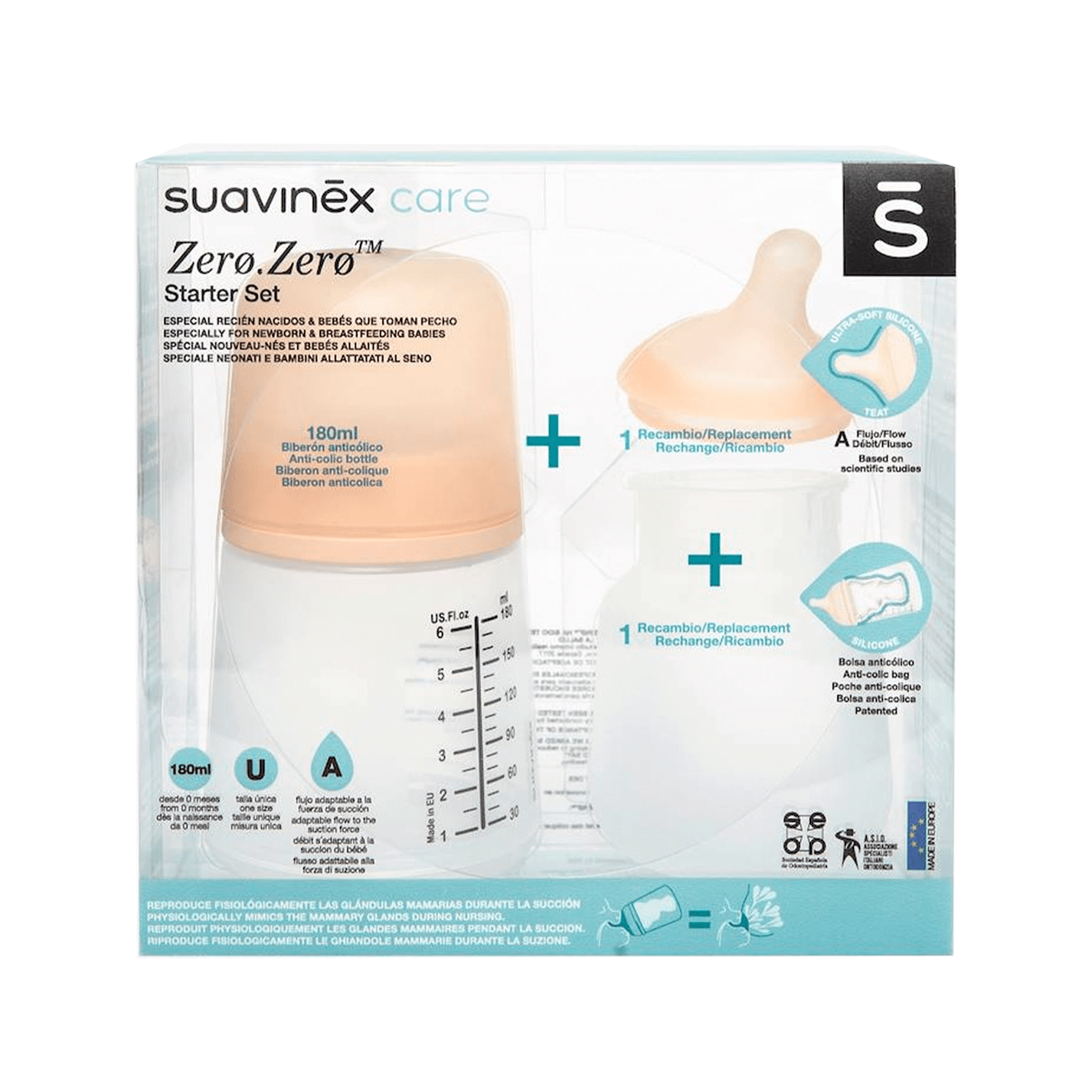 Suavinex Mamadera Pack mamadera zero zero 180 ml flujo adaptable + tetina de repuesto + bolsa anti cólicos - Suavinex 306422