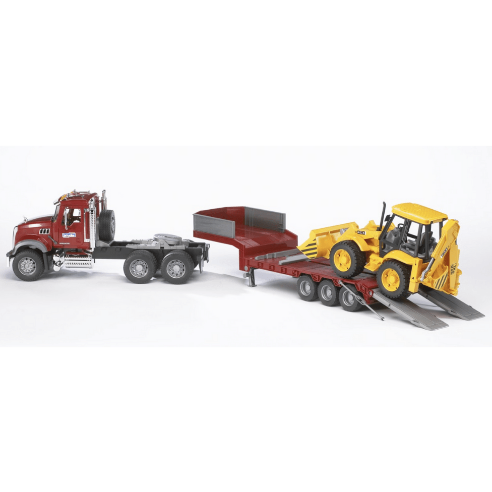 BRUDER Transportes Camión MACK Granite con plataforma baja y JCB 4CX 02813- Escala 1:16- BRUDER BRU02813