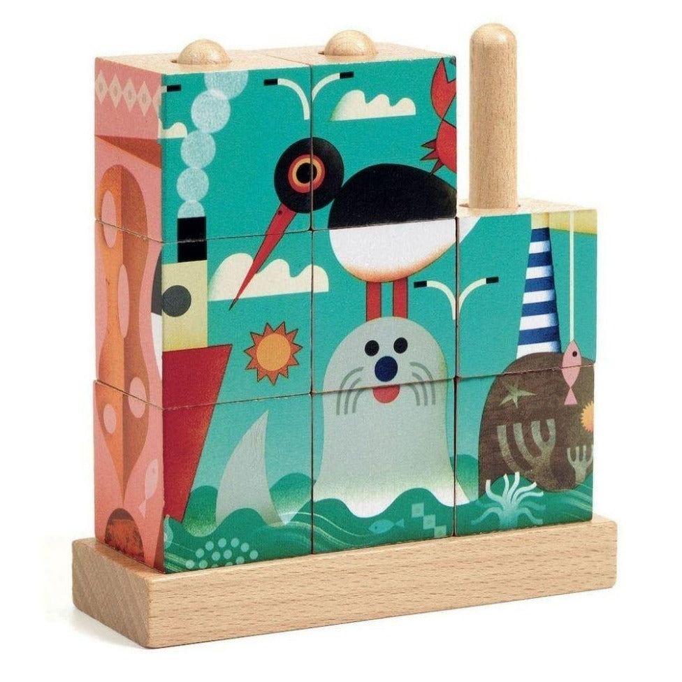 DJECO Puzzles y encajes Puzzle 9 Cubos de Madera Puzz-Up Sea DJ01913