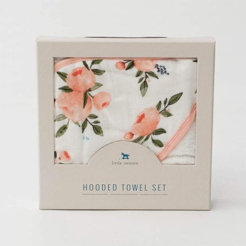 LITTLE UNICORN Artículos para el baño Juego de Toalla con capucha y toallita - Watercolor Roses UH0034
