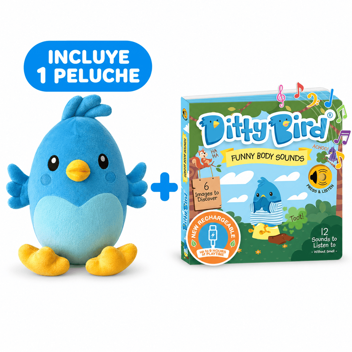 1 peluche Ditty Bird + libro Libro Musical Funny Body Sounds