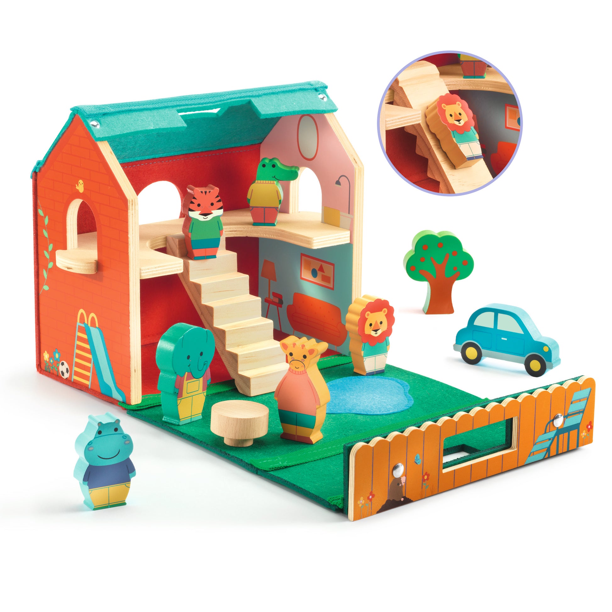Djeco Destreza y Habilidades Casita de Juego Portátil SoftiHouse – Set de Madera y Fieltro - DJECO DJ06448