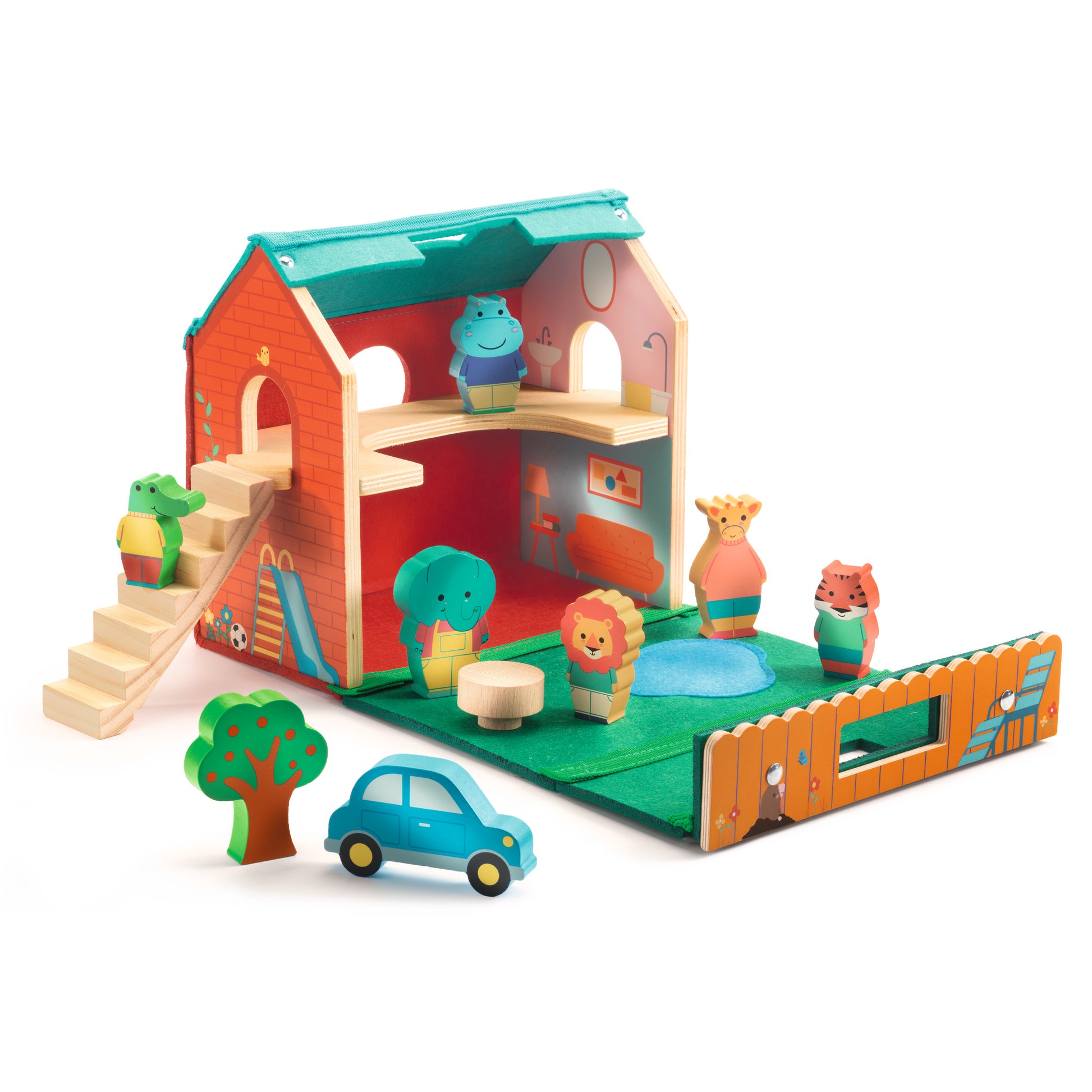 Djeco Destreza y Habilidades Casita de Juego Portátil SoftiHouse – Set de Madera y Fieltro - DJECO DJ06448