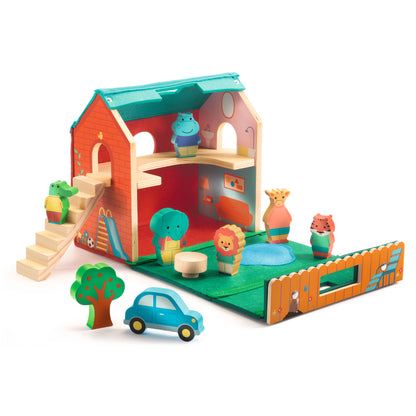 Djeco Destreza y Habilidades Casita de Juego Portátil SoftiHouse – Set de Madera y Fieltro - DJECO DJ06448