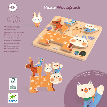 DJECO Puzzles y encajes Puzzle de Madera Apilable WoodyStack – Animales- DJECO DJ01090