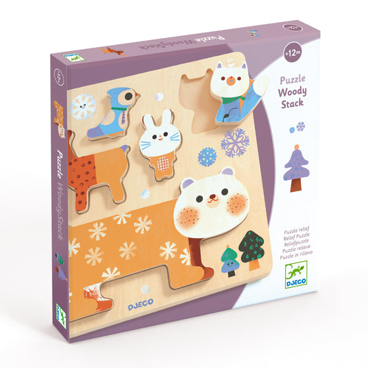 DJECO Puzzles y encajes Puzzle de Madera Apilable WoodyStack – Animales- DJECO DJ01090