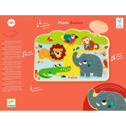 DJECO Puzzles y encajes Puzzle Madera Botones y Sonido Baobab DJ01708