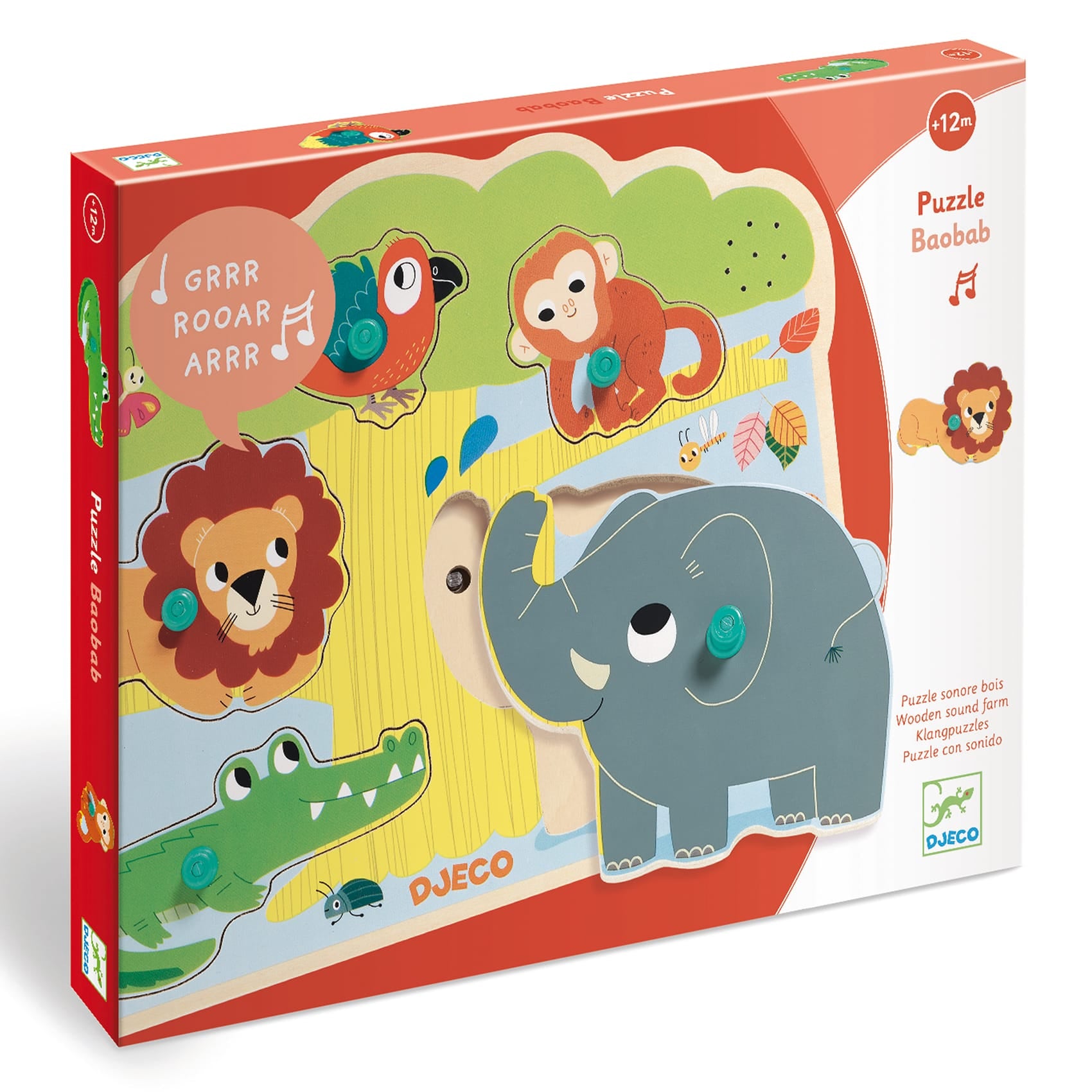 DJECO Puzzles y encajes Puzzle Madera Botones y Sonido Baobab DJ01708
