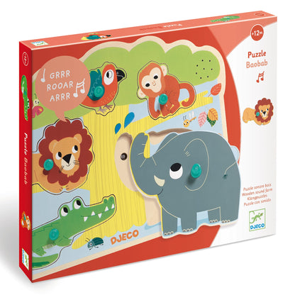 DJECO Puzzles y encajes Puzzle Madera Botones y Sonido Baobab DJ01708