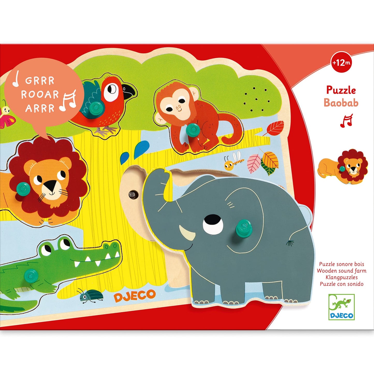 DJECO Puzzles y encajes Puzzle Madera Botones y Sonido Baobab DJ01708