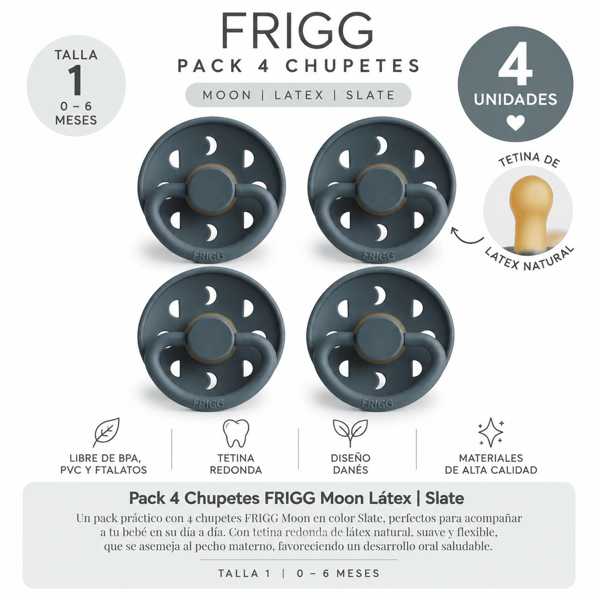 Frigg Chupete Pack 4 Chupetes FRIGG Moon Látex Talla 1 Slate FRI76841378x4
