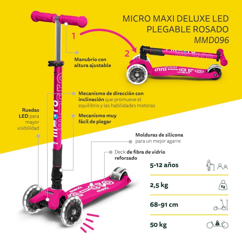 Micro Scooter Scooter Maxi Deluxe Led Plegable Rosado - Micro MMD096