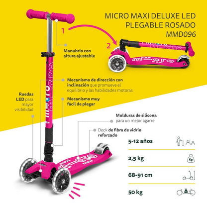 Micro Scooter Scooter Maxi Deluxe Led Plegable Rosado - Micro MMD096