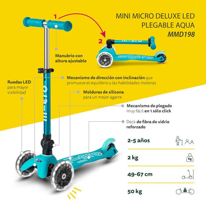 Micro Scooter Scooter Mini Deluxe Led Plegable Aqua - Micro MMD198