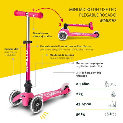 Micro Scooter Scooter Mini Deluxe Led Plegable Rosado - Micro MMD197