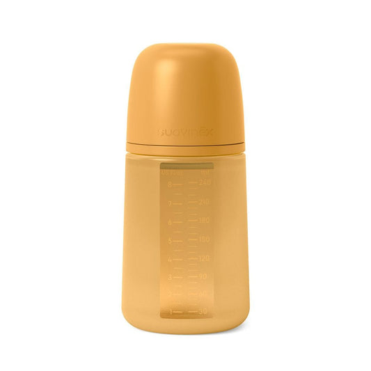 Suavinex Mamadera Mamadera de silicona  Anticólico 240 ML Flujo medio Mostaza 308069