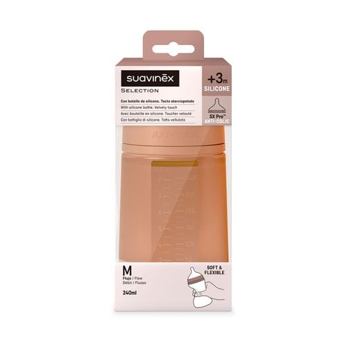 Suavinex Mamadera Mamadera de silicona Anticólico 240 ML Flujo medio Terracota 308068