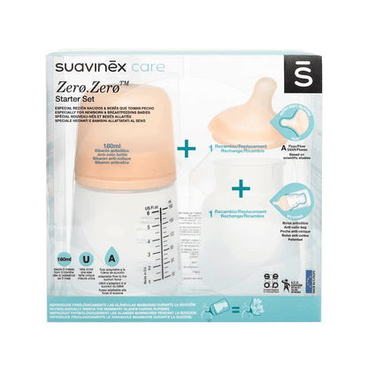 Suavinex Mamadera Pack mamadera zero zero 180 ml flujo adaptable + tetina de repuesto + bolsa anti cólicos - Suavinex 306422