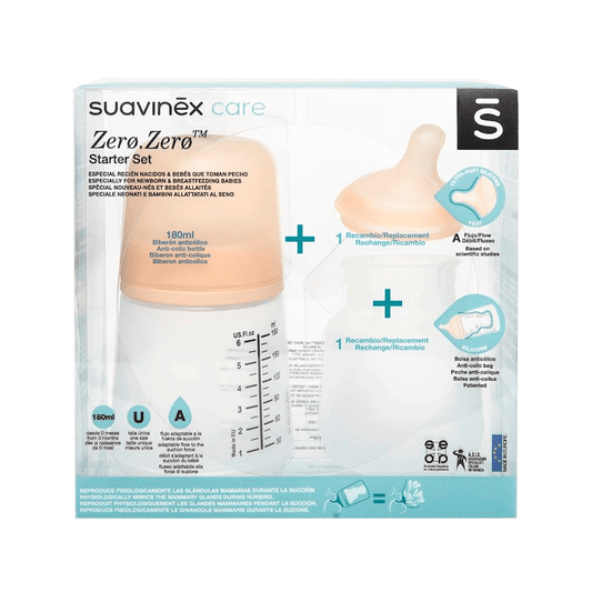 Suavinex Mamadera Pack mamadera zero zero 180 ml flujo adaptable + tetina de repuesto + bolsa anti cólicos - Suavinex 306422