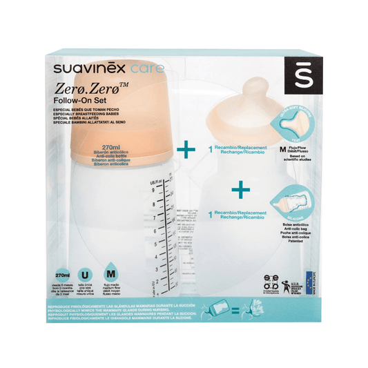 Suavinex Mamadera Pack mamadera zero zero 270 ml de flujo medio + tetina de repuesto + bolsa anti cólicos de repuesto - Suavinex 306423