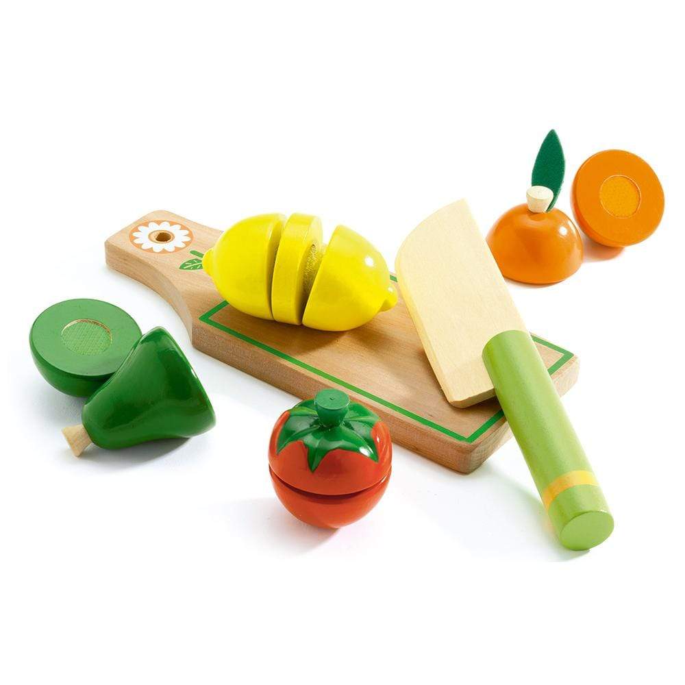 DJECO Juegos de roles +3 Juego de Frutas y Verduras para Cortar DJ06526