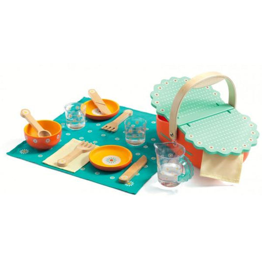 DJECO Juguetes de madera Set de Picnic con Cesta y Accesorios de Madera DJ06527