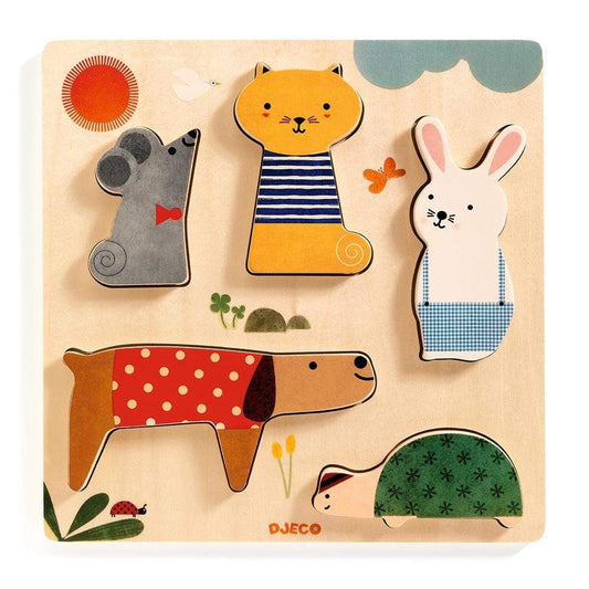 DJECO Puzzles y encajes +1 Puzzle Madera Relieve Mascotas DJ01051