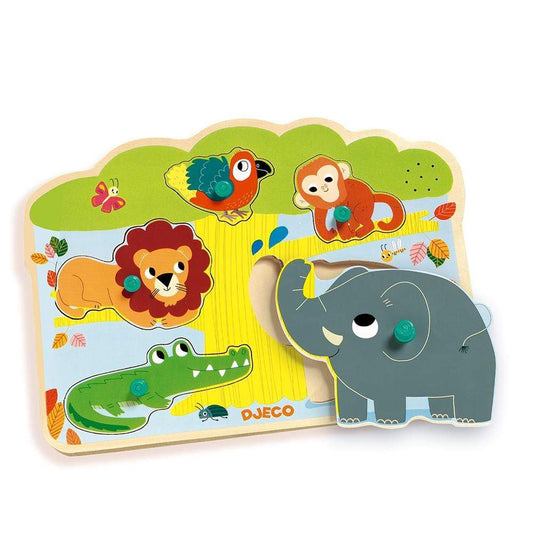 DJECO Puzzles y encajes +2 Puzzle Madera Botones y Sonido Baobab DJ01708