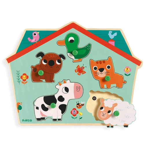 DJECO Puzzles y encajes +2 Puzzle Madera Botones y Sonido Ouaf Woof DJ01707