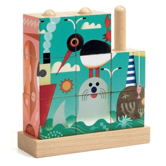 DJECO Puzzles y encajes Puzzle 9 Cubos de Madera Puzz-Up Sea DJ01913